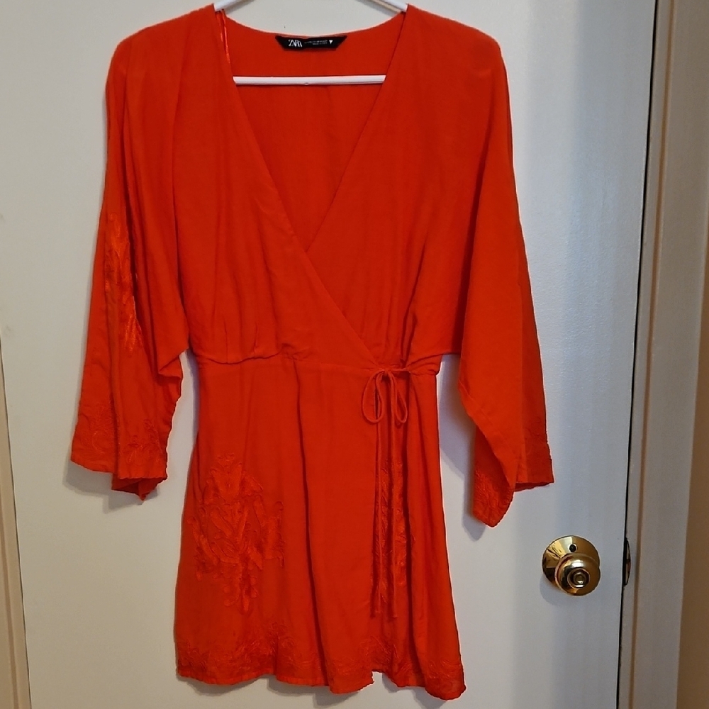 Zara Embroidered Orange Wrap Dress